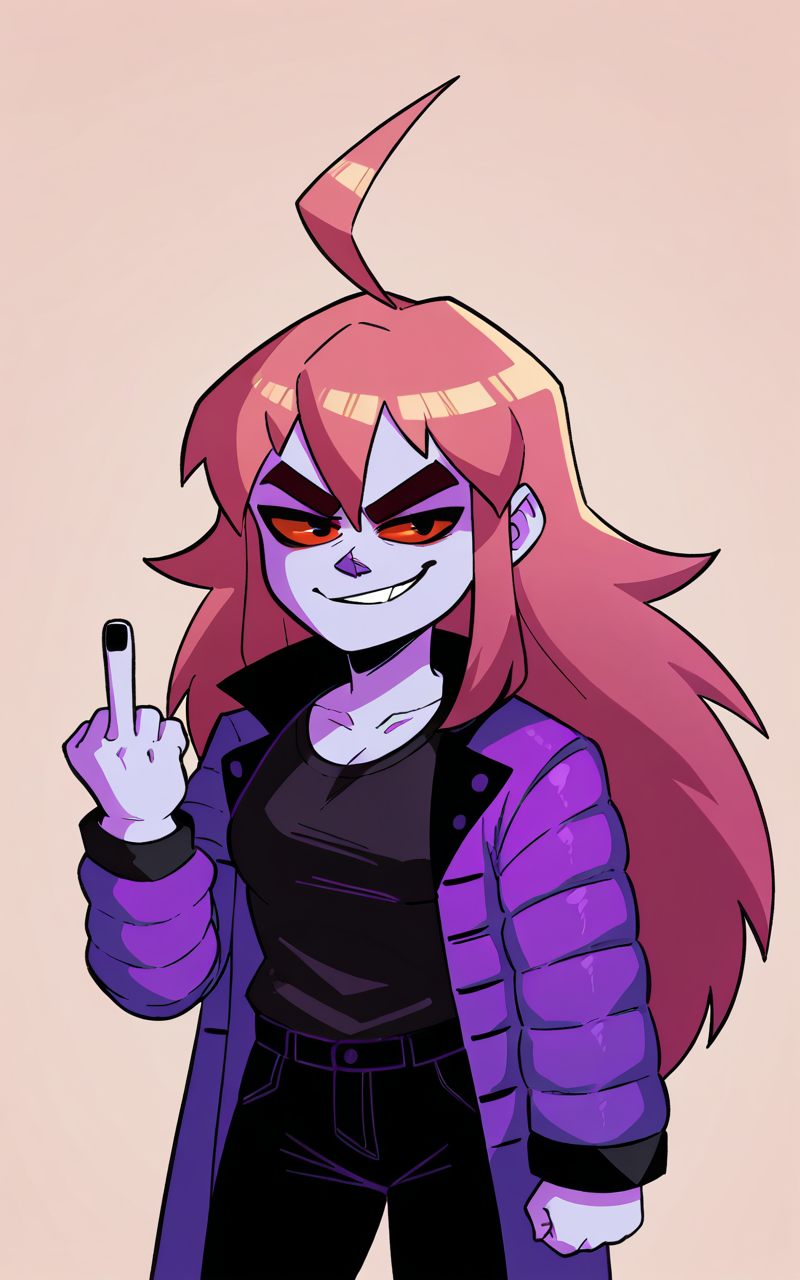 00032-1479333683-_lora_madelinexl_1_ score_9, score_8_up, 1girl, badeline, purple skin, lavender hair, long hair, ahoge, red eyes, black sclera,.png